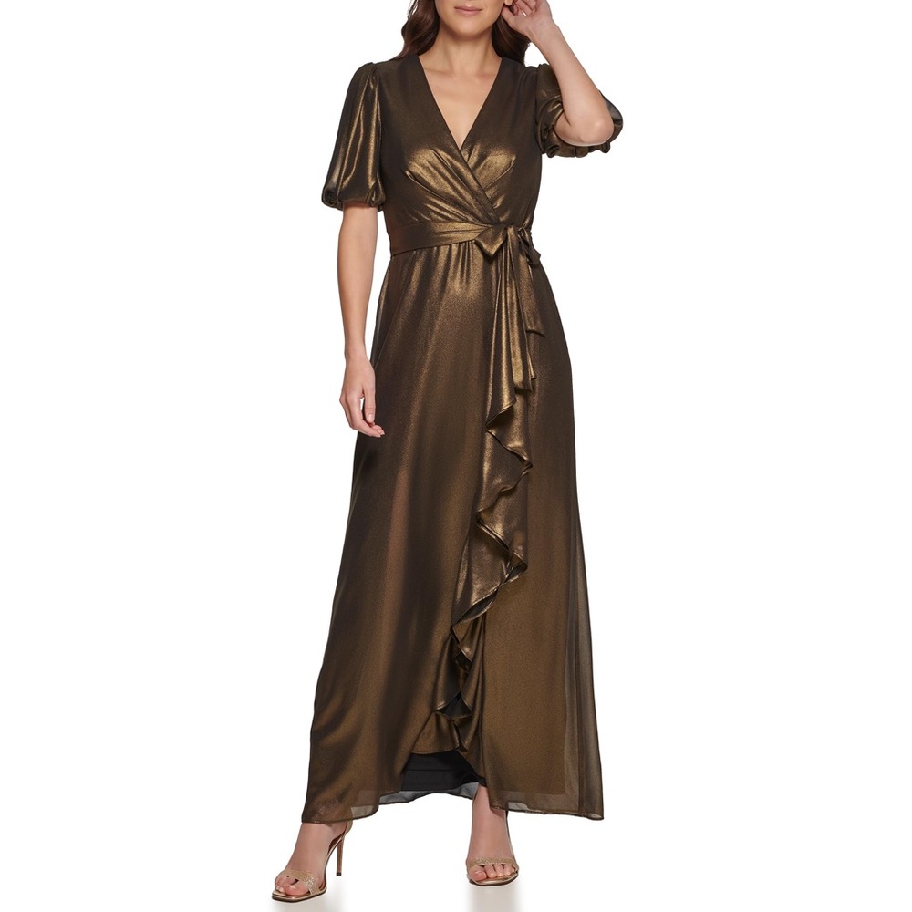 DKNY Women's Foil Chiffon Ruffle Skirt V-Neck Dress, Black/Gold, 8